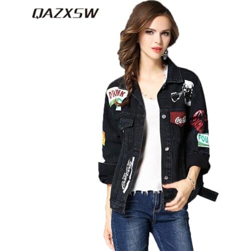 QAZXSW 2018 New Spring Women Denim Jacket Fashion Printing Jeans Coat Slim Harajuku Women Bomber Jacket Casaco Feminino HB554
