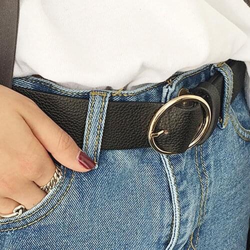 Women Fashion Big Simple ring Circle Metal Buckle Belt Wild Waistband Ladies Wide Leather Straps Belts for Leisure Dress Jeans