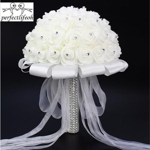 Perfectlifeoh Wedding bouquet Bride Bouquet Flower Rosr Satin with Crystal Brooch bouquet wedding Bridemaid bouquet de mariage