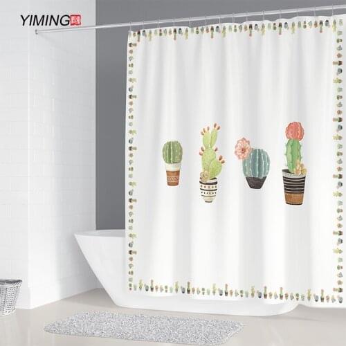 Home decoration bathroom shower curtain simple cactus printing curtain bathroom waterproof curtain with hook