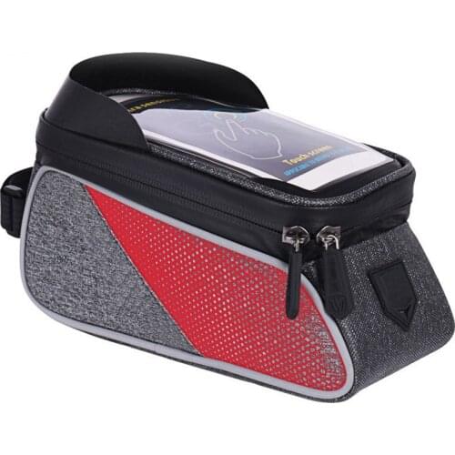 Bike Front Frame Pannier Phone Holder Top Tube Bag Cycling Waterproof Storage Nylon Pouch, Red