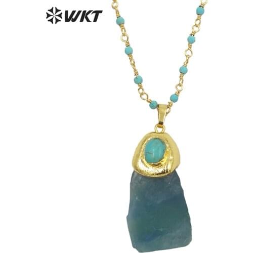 WT-N1288 Amazing handmade green turquoises rosary beads chain blue fluorite pendant necklace in gold with irregular stone shape