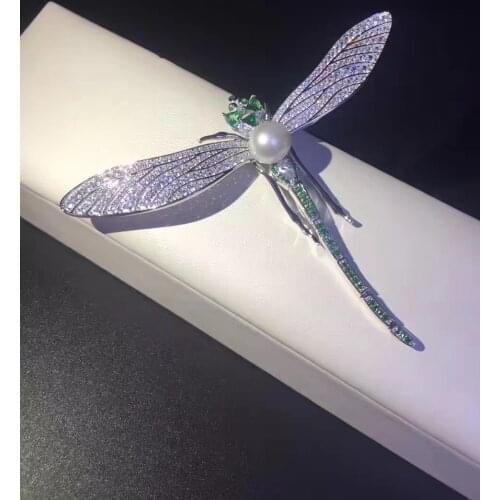 7-8MM fine women jewelry natural fresh water pearl brooch pins dragonfly brooch 925 sterling silver the tail can move free shipp