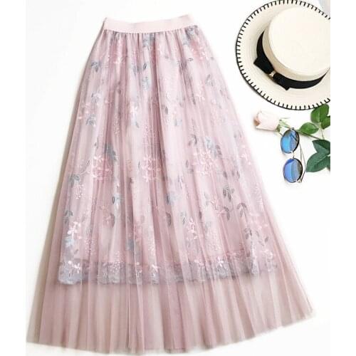 Womens Skirt Embroidered Pleated Tulle Lace High Waist Skirt Spring And Autumn New Fashion Womens Mid-Length Ladies Pink