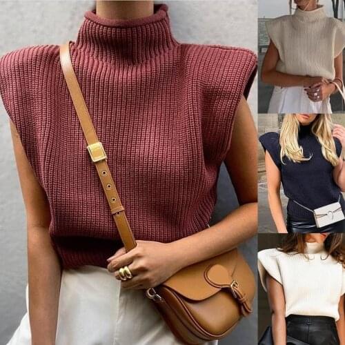 Women Pullover Knitted Vest Sweater Waistcoat Women Autumn Winter Turtleneck Sleeveless Vest Sweater Shoulder Pads Knit-Jumper