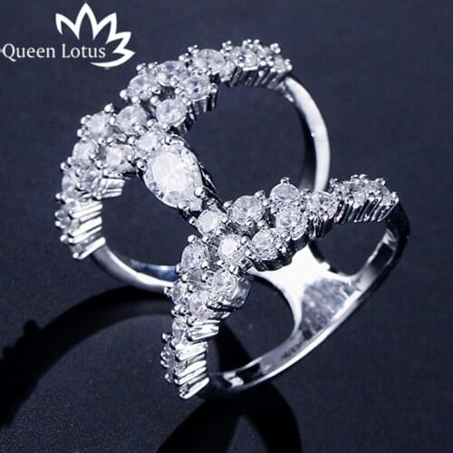 Queen Lotus 2018 New Arrival Women Rings Personality Double Layer Luxury Crystal Ring Romantic Wedding Jewelry Accessories Gift