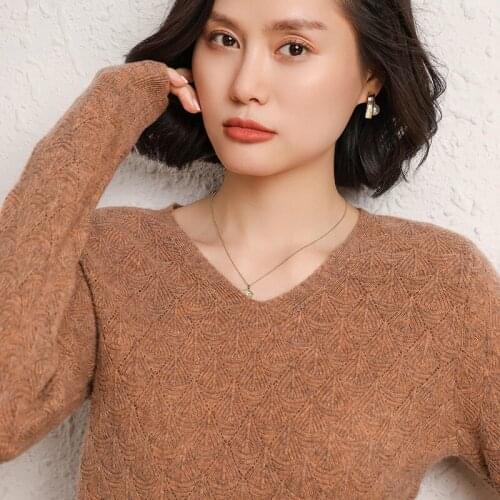 100% Wool Cashmere Knit Sweater Women 2021 Autumn Winter Clothes Womens Jumper V Neck Hollow Out Soft Warm Knitted Pullover Top
