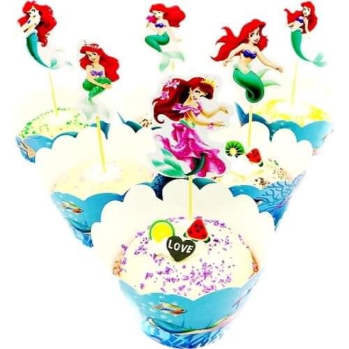 12PCS/Pack Girls Favors Baby Shower Party Mermaid Theme Cupcake Cake Toppers Cute Wrappers Decorate Happy Birthday Supplies