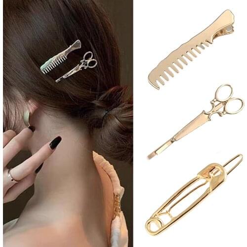 2pcs Gold Silver Metal Hair Clips Creative Scissors Leaves Comb Hairpin Personality Hair Decorations Accessories Hair Barrettes