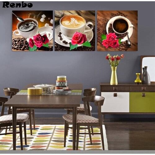 3 pieces Kitchen decor 5d diy diamond painting Flowers coffee wall art cross stitch mosaic diamond embroidery pattern Triptych