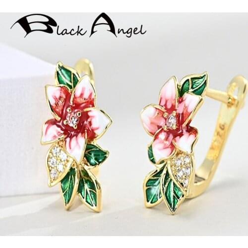 BLACK ANGEL 18K Gold Colorful Enamel Flowers 925 Silver CZ Women Stud Earring Fashion Jewelry Wholesale Party Christmas Gift