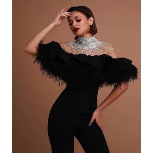 Black Jumpsuit Feather Prom Dresses 2022 Bead High Collar Special Occasion Outfit Gowns Custom Made Pants Party Wears