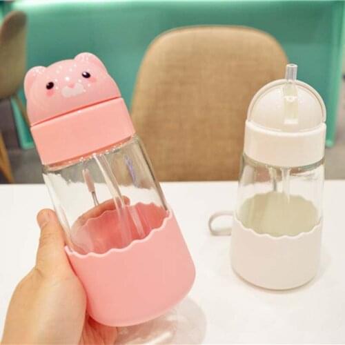 Baby Kids Glass Straw Cup Drink Water Cup Bottle with Strap 320ml Cute Water Juice Training Bottle for Kids Cup Children Gift