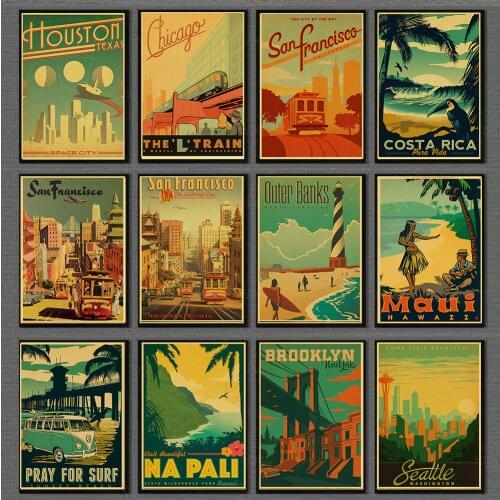 HAWAII/ ARUBA/ BROOKLYN/SAN FRANCISCO Travel Poster Retro Painting Wall Vintage Paper Posters Home/Bar Decor