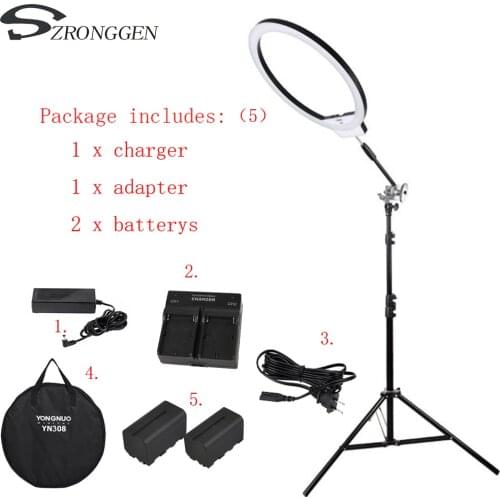 Yongnuo YN308 Selfie Ring Light 5500K LED Video Light Photography kit+2*batteries+charger+adaptre+1.9m Light stand