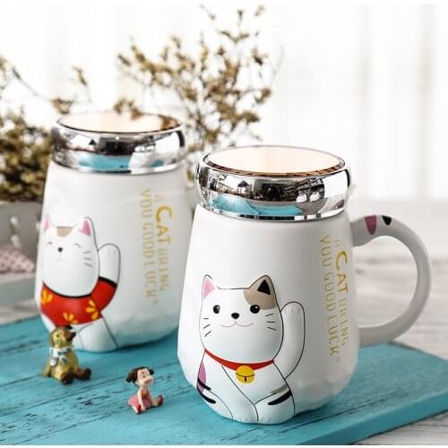 Creative Korean ceramic mug with covered spoon student office drinking cup children lovely big belly catoon coffee milk cup