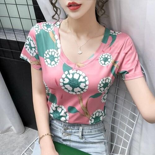 Summer European Clothes Cotton Loose T-Shirt Fashion Sexy Shiny Beads Women Tops Short Sleeve All Match Tees New