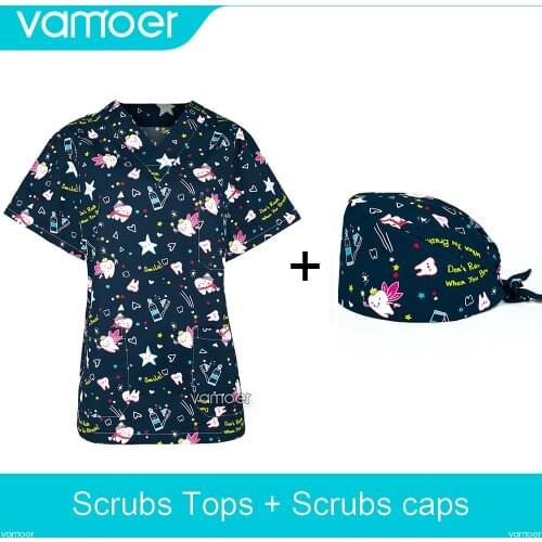 Scrubs tops Nursing Scrubs Women Scrubs Nurse Scrub Uniformes Medicos Para Mujer Beautiful Teeth 100% cotton