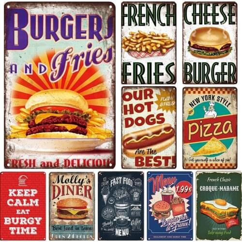 Fast Food Menu Burger Hot Dogs Pizza Time Retro Metal Sign Decoration Store Home Wall Decor Tin Vintage Metal Plate Poster