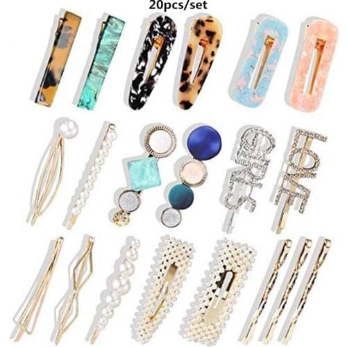 20PCS/Set Fashion Pearls Acetate Geometric Hair Clips Set For Women Girls Headband Sweet Hairpins Barrettes Hair Accessories Set