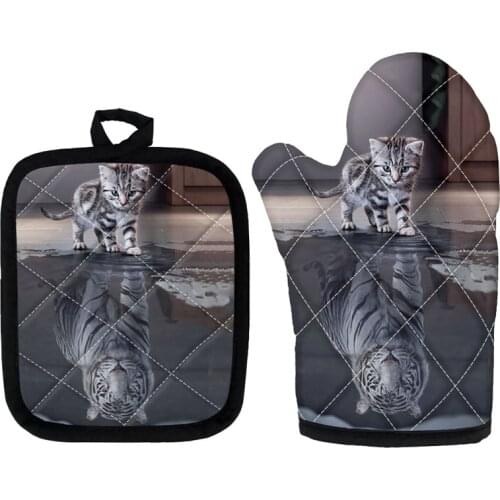 Cat Reflection Tiger 3D Print Baking Mitts Heat Resistant Gloves Oven BBQ Accessories Microwave Glove Non-slip Mat for Kitchen