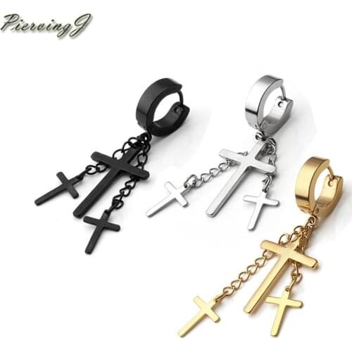 PiercingJ 1pair earring Mens Unisex Steel Dangle Cross Ear Stud Hoop Huggies Earring Punk Jewelry HOT