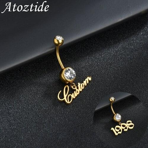 Atoztide Custom 1pc Name Sexy Navel Piercing Umbilical Nail Rings Bar Personalized Name Dangling Zircon for Woman Body Jewelry