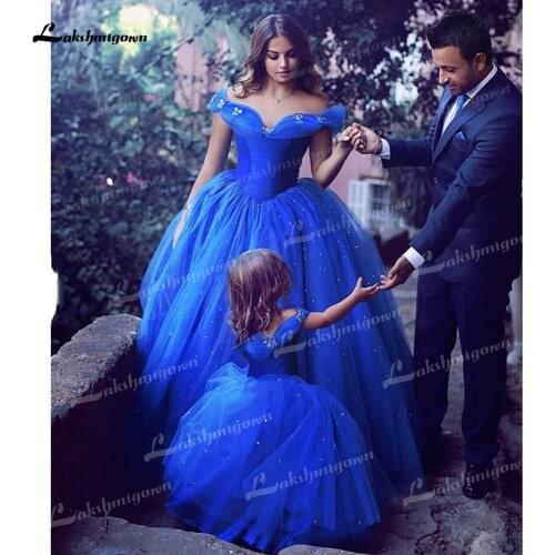 Flower Girl Dresses Princess Cinderella Off-the-shoulder Floor Length Ball Gown Royal Blue Kid Pageant Gown Mother Daughter