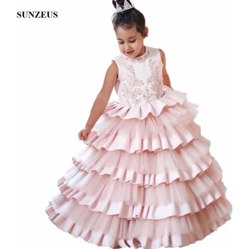 Luxury Ball Gowns Ruffles Flower Girl Dress Appliques Tank Satin Tulle Long Children Party Gowns Pincess Wear FLG031
