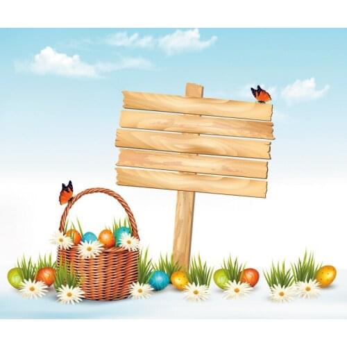 Happy Easter Backdrop Butterflies and a Basket of Colored Eggs Photography Background Family Party Decor Photo Booth Studio Prop