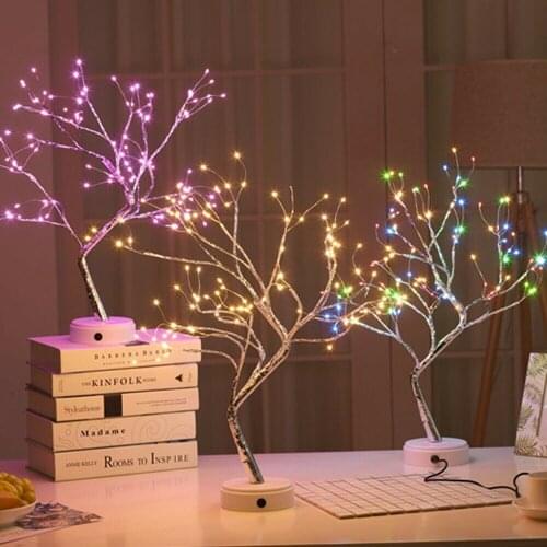 LED Touch Mode Fire Tree Night Light Table Lamps With Battery & USB Decorative Fairy Lights for Party Wedding Bedroom Decor