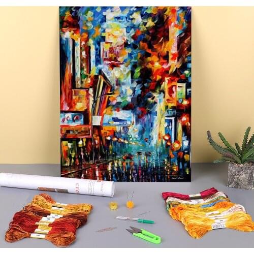 Night Broadway Printed Fabric 11CT Cross-Stitch DIY Embroidery Kit DMC Threads Painting Handmade Sewing Handiwork Home Gift
