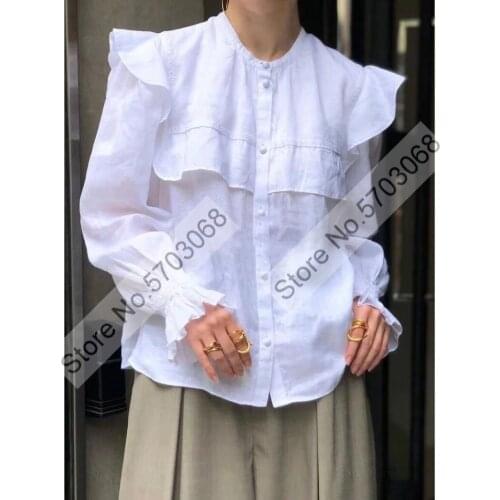 Ladies White/Black Higher Quality Long Sleeve Ruffled Neckline Blouse Shirt Top