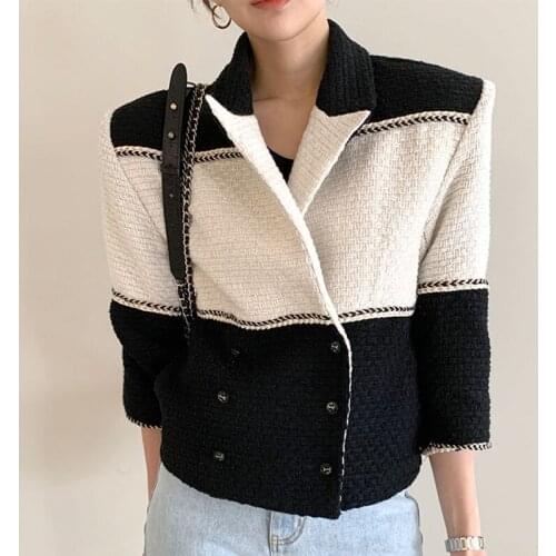 Comelsexy Autumn Elegant Lapel Double-breasted Design Heavy Industry Thick Flower Stitching Hit Color Short Woolen Jacket
