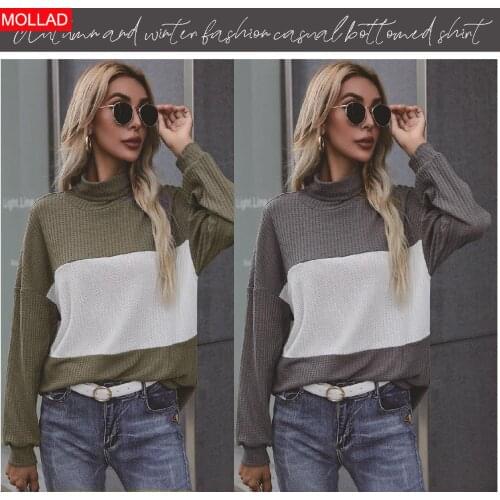 Womens Clothing Autumn and Winter Turtleneck Pullover Batwing-Sleeve Patchwork Sweater Temperament Commute Loose T-shirt 2021