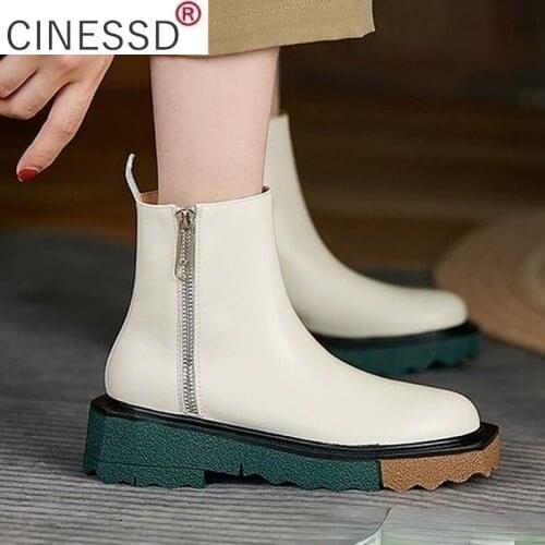 2021 Autumn New Fashion Platform Pu Leather Womens Ankle Boots Round Head Double Side Zipper Square Heel Womens Martin Boots