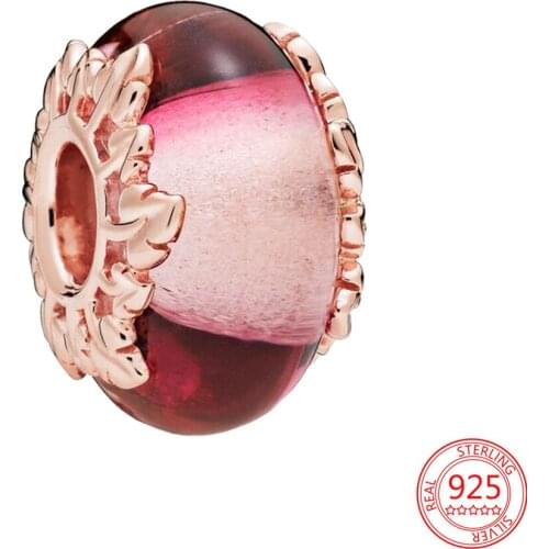 New 925 Sterling Silver Pink Murano Glass & Leaves BeadsWomen Charm Pendant Fit Original Pandora Bracelet Bangles Jewelry Gift