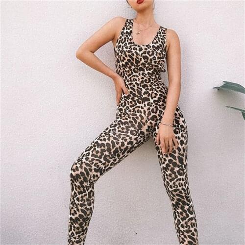 2020 Ladies Sexy Printed Leopard Jumpsuits High Quality Elastic Skinny Fitness Jumpsuit Back Bandage Hollow Out Rompers