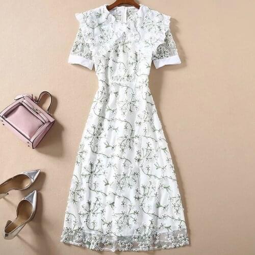 2021 Long Dress Spring Summer Dress Lapel Neck Short Sleeve Embroidery White Mesh Fashion Womens Clothes