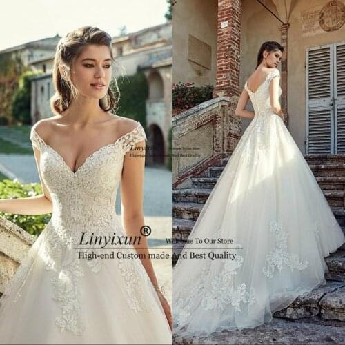 Custom Gorgeous Off Shoulder Lace Wedding Dresses 2021 V Neck Applique Sweep Train Bridal Gowns Custom Made Vestido De Novia