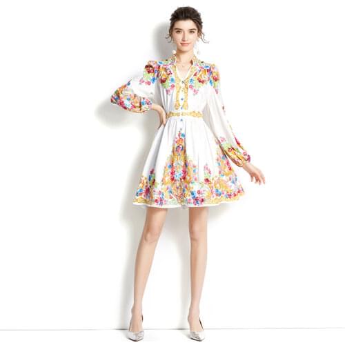 Autumn Runway Nation Wind Floral Print Mini Dress Vintage Womens Sexy V-Neck Long Sleeve Single Breasted Elegant A-Line Dress