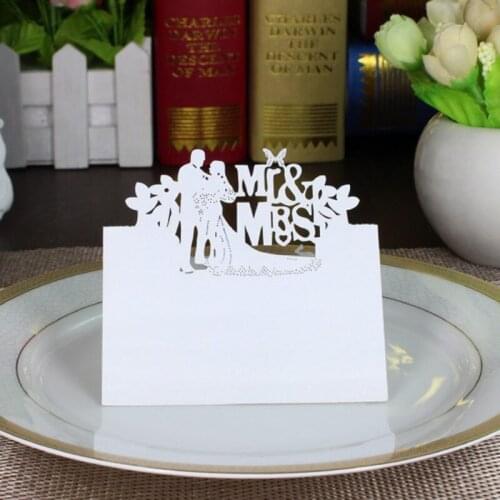 100Pcs White Bride and Groom Name Place Cards Wedding Chic Pearlescent Table Name Message Setting Card Wedding Birthday Supplies