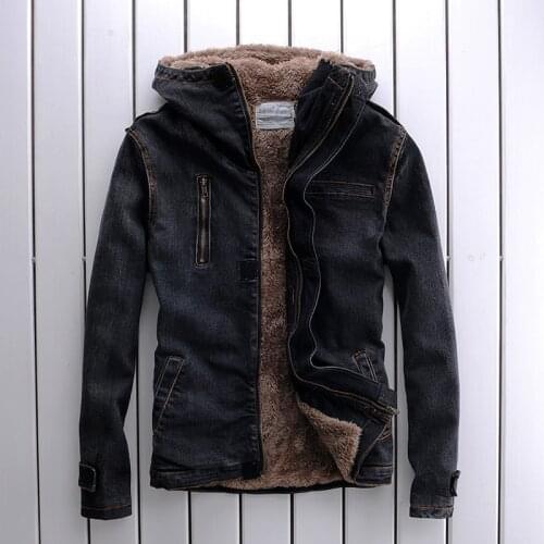 2019 Fleece Men winter Hooded Denim jacket Causal Coat Outwear Male Plus Size