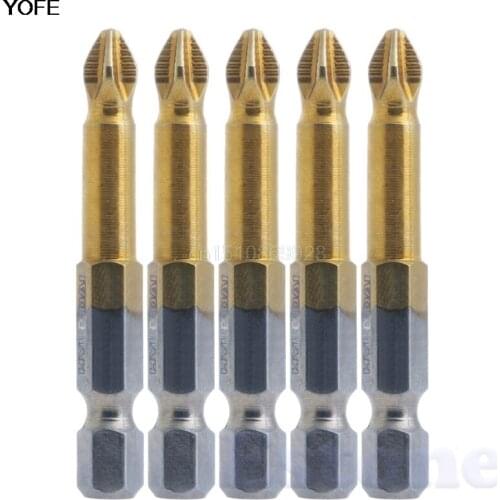 5Pcs Titanium Coated 1/4" Hex Shank Anti Slip Electric Screwdriver Bits PH2 50mm