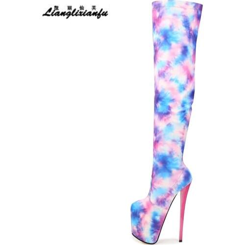 Corssdresser printing Motorcycle botas mujer over-the-knee long boots platform shoes woman 20cm thin high heels Party PUNK pumps