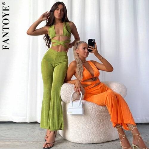 Fantoye Summer Backless Bandage Women Two Piece Sets Green Sexy Off Shoulder Top Long Pant Women Skinny Streetwear Fashion Sets