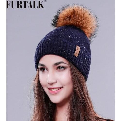 FURTALK Warm Winter Hat for Women Fur Pompom Hat Wool Knitted Beanie Hat Ladies Winter Cap for Female