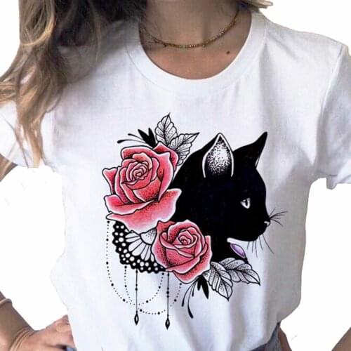 Funny Cat Animal Flower Fashion Print Ladies Top T-shirt Casual Basics O-Collar White Shirt Short Sleeve Ladies Tshirt,Drop Ship