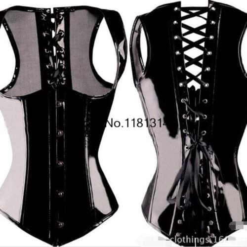 Hot Sale PVC Vinyl Goth Strap Underbust Black Waist Cincher Bustier Corset G-string Body Shaper Size S-2XL