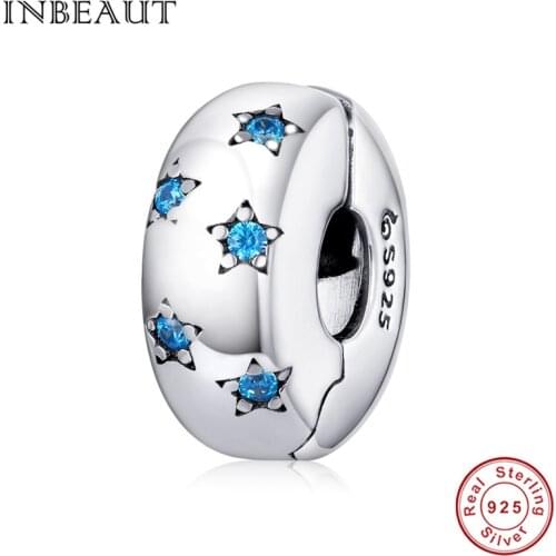 INBEAUT 100% Real 925 Sterling Silver Ocean Blue Star Clip Charm Stopper fit Original Brand Bracelet High Quality Jewelry